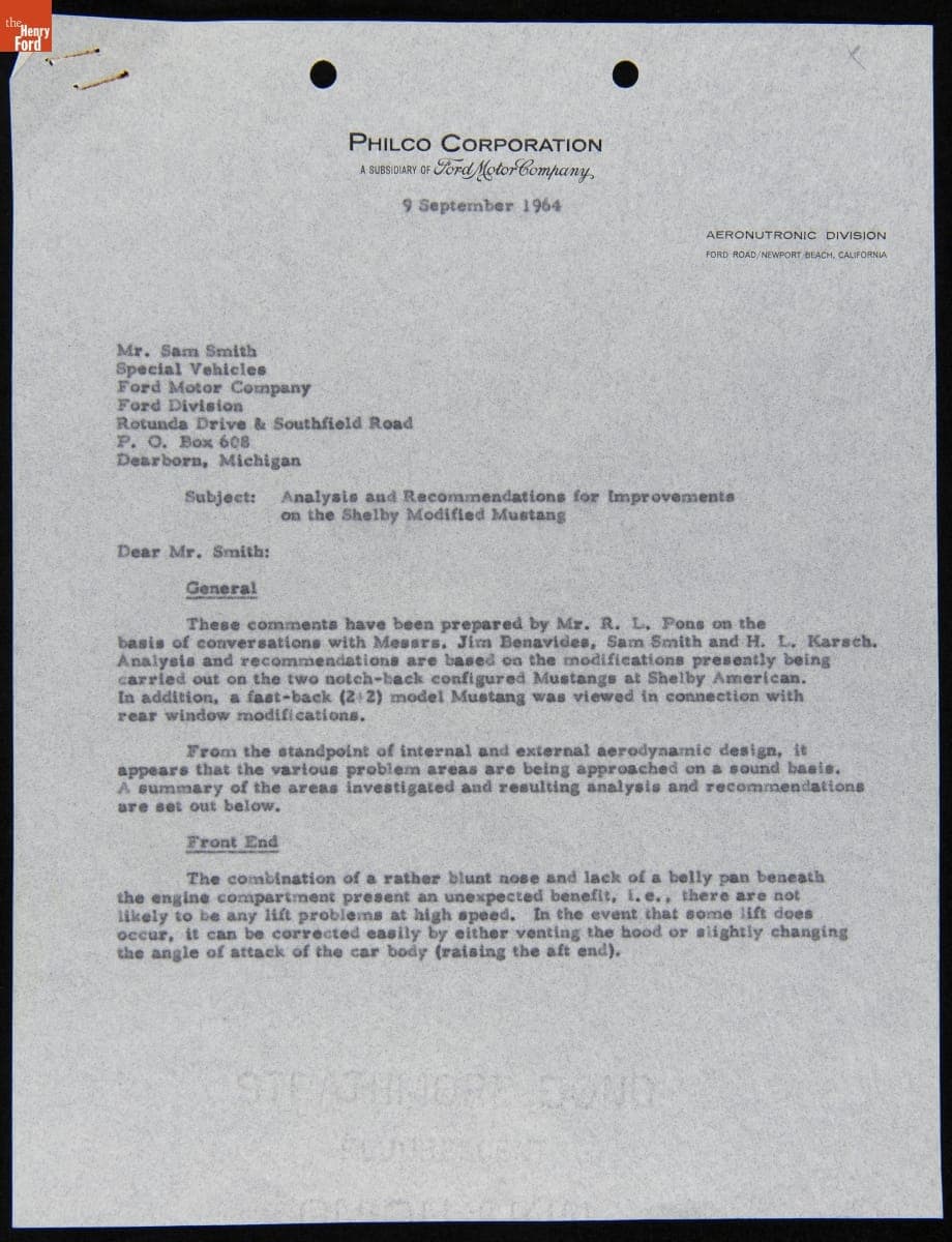 Analysis and Recommendations for Improvements on the Shelby Modified Mustang, September 1964