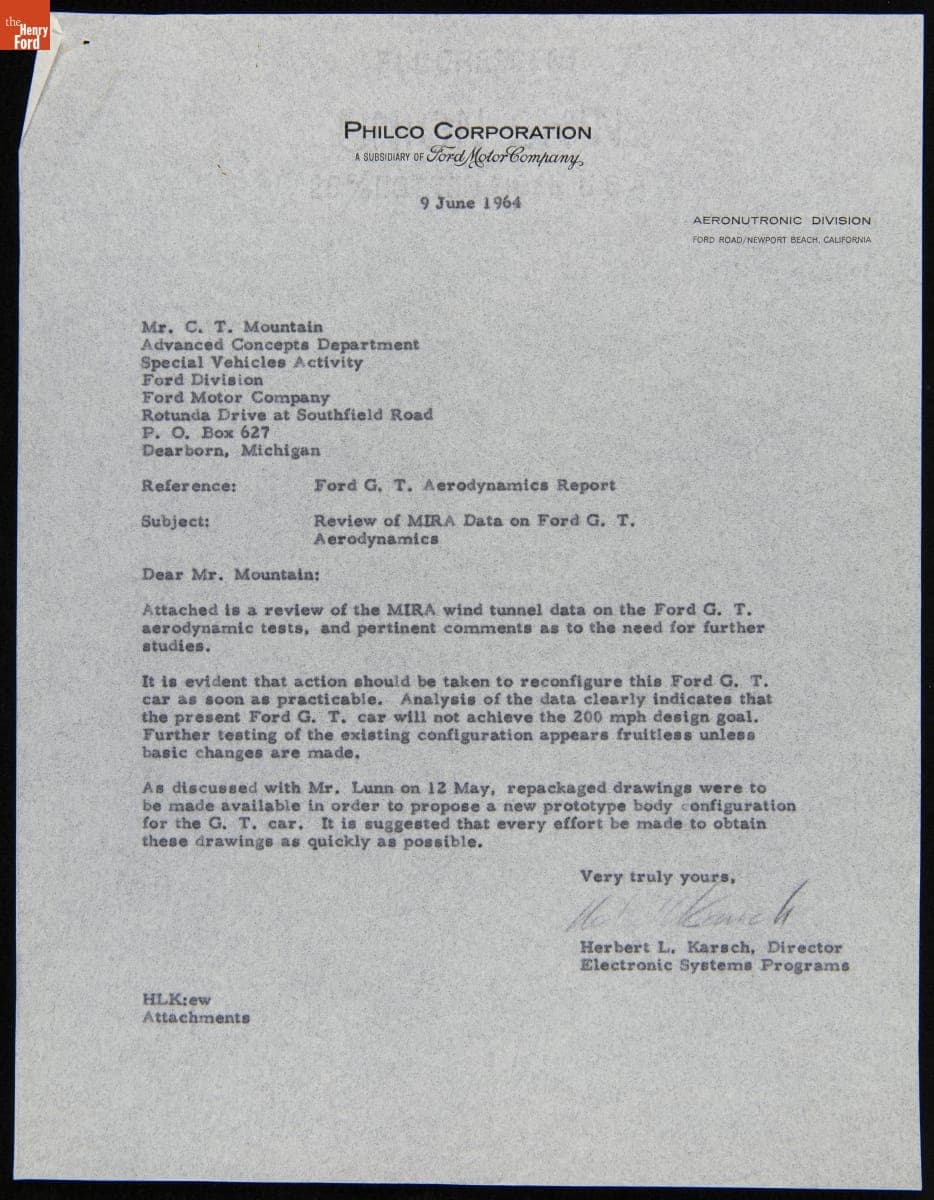 Review of MIRA Data on Ford GT Aerodynamics, June 1964