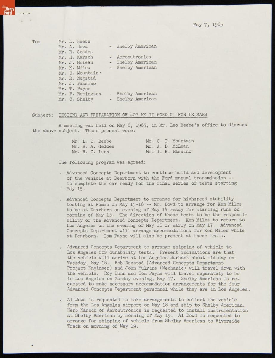 "Testing and Preparation of 427 MkII Ford GT for Le Mans," May 7, 1965