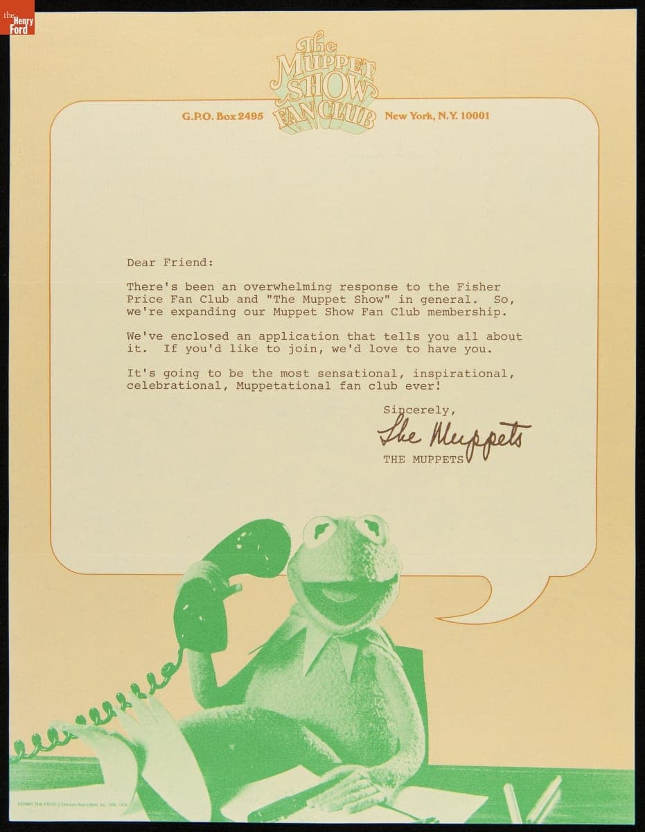 Muppet Show Fan Club Application Letter, circa 1978