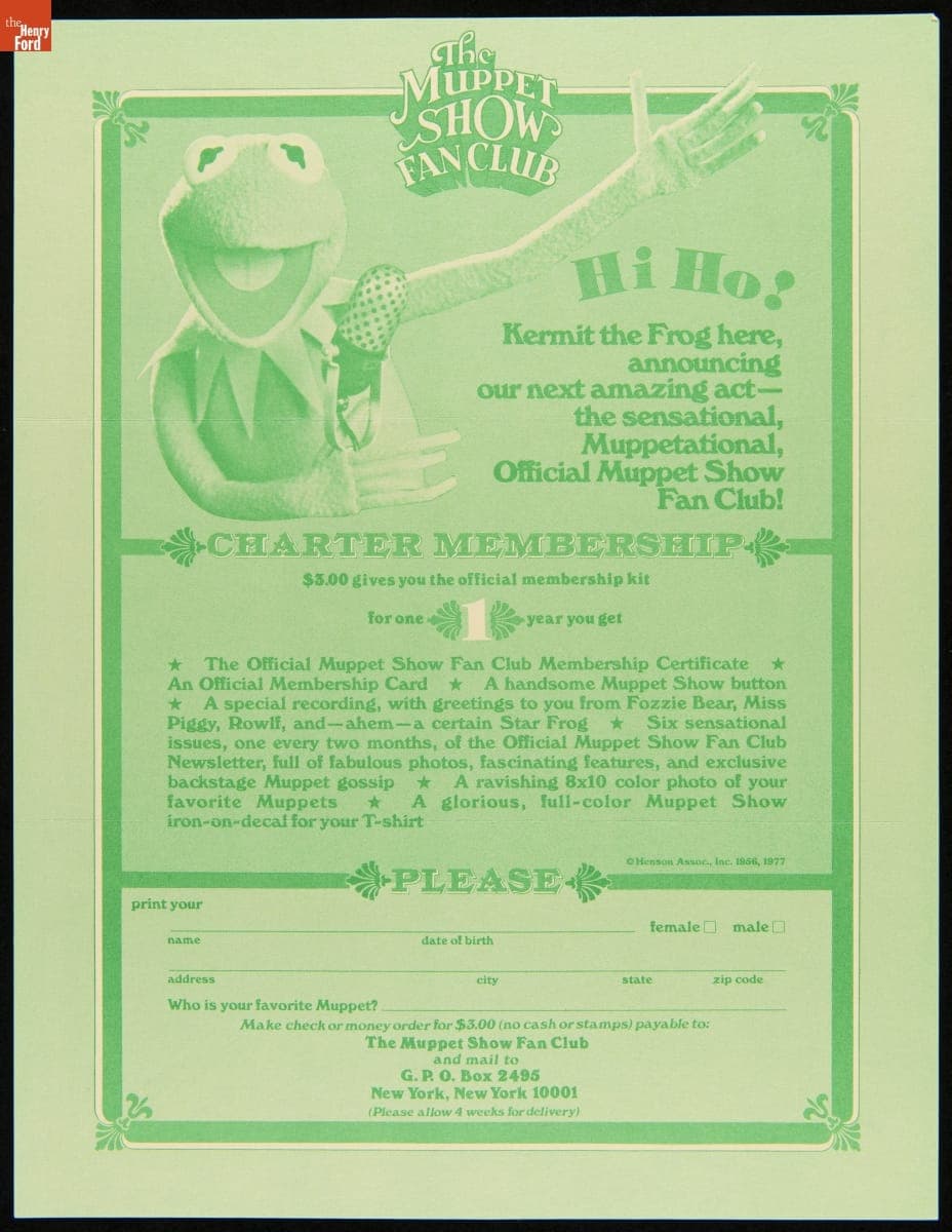 Application Form for Charter Membership in The Muppet Show Fan Club, circa 1977