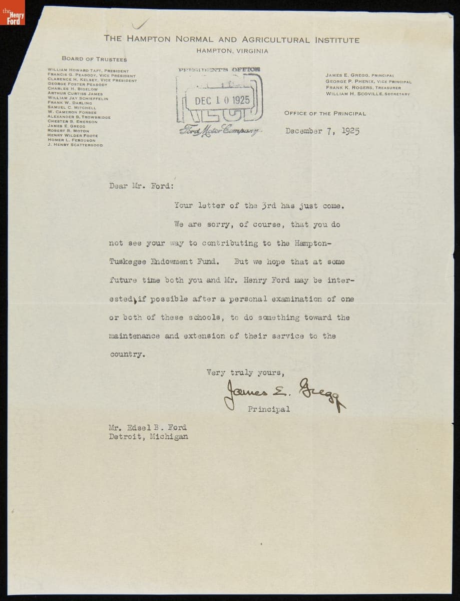 Letter to Edsel Ford regarding the Hampton-Tuskegee Endowment, January 1925
