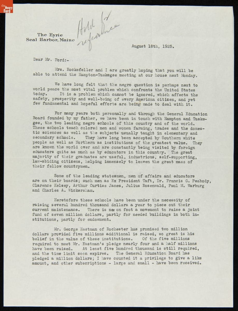Letter to Edsel Ford from John D. Rockefeller Jr. Urging Support For the Hampton-Tuskegee Endowment, August 18, 1925