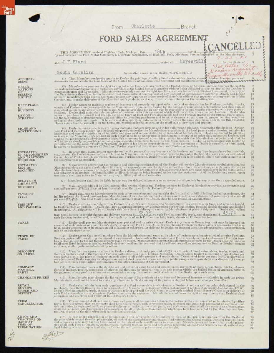 Cancelled Ford Sales Agreement for J.F. Bland, Mayesville, South Carolina, July 22, 1921