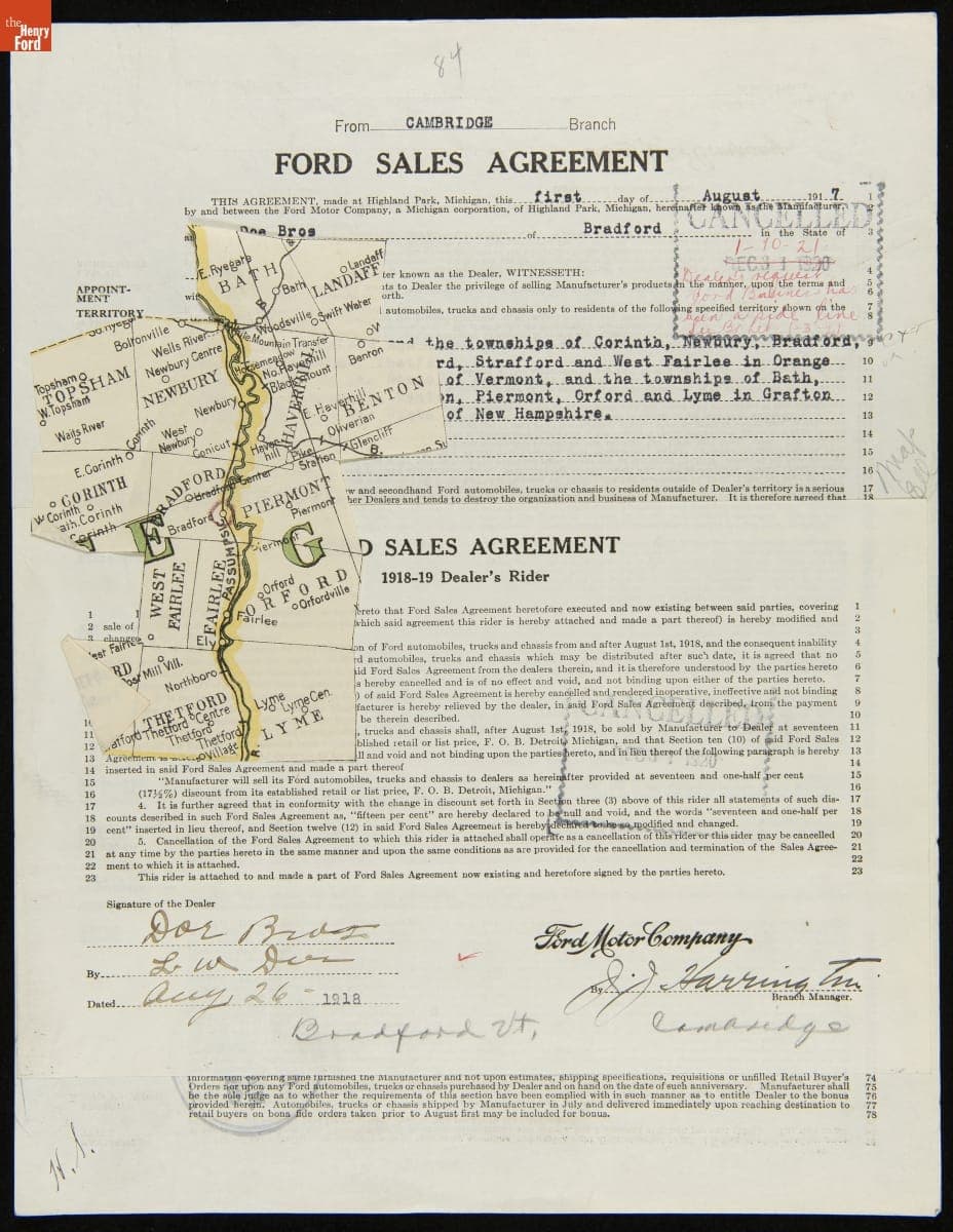 Cancelled Ford Sales Agreement for Doe Bros., Bradford, Vermont, January 10, 1921