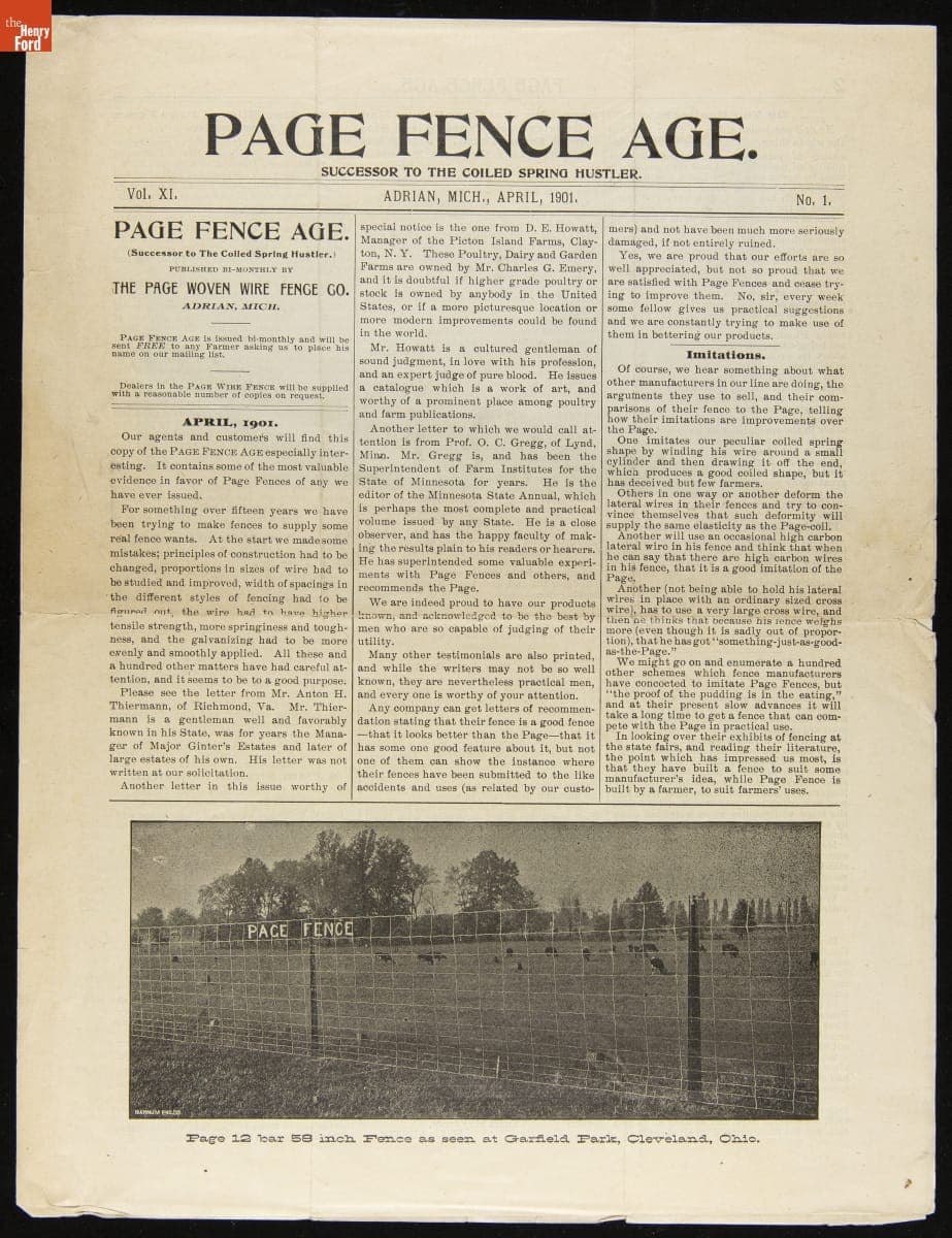 Page Woven Wire Fence Co. Trade Catalog, "Page Fence Age, Volume XI, No. 1," April 1901