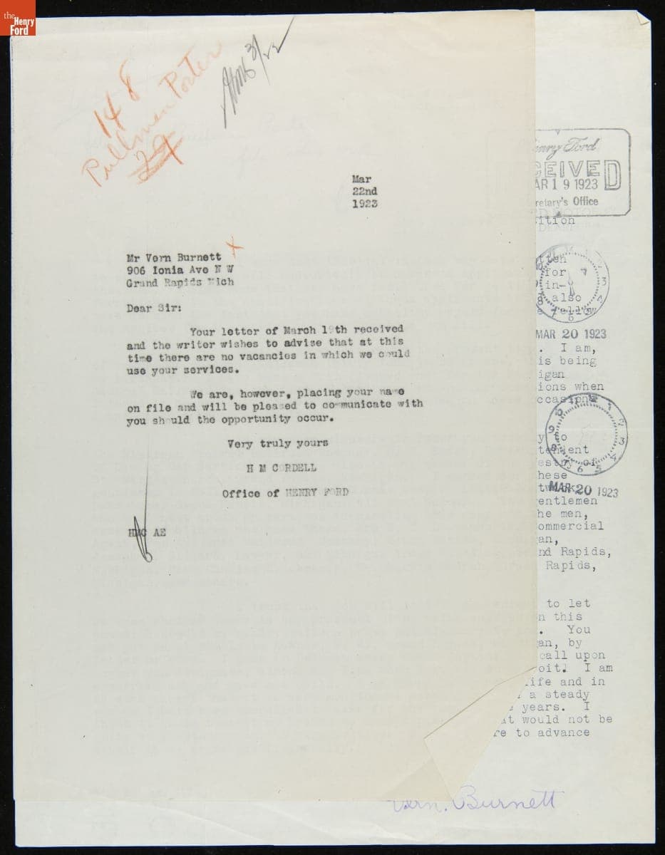 Application Letter from Vern Burnett for Employment on the Fair Lane, Henry Ford's Private Rail Car, March 1923