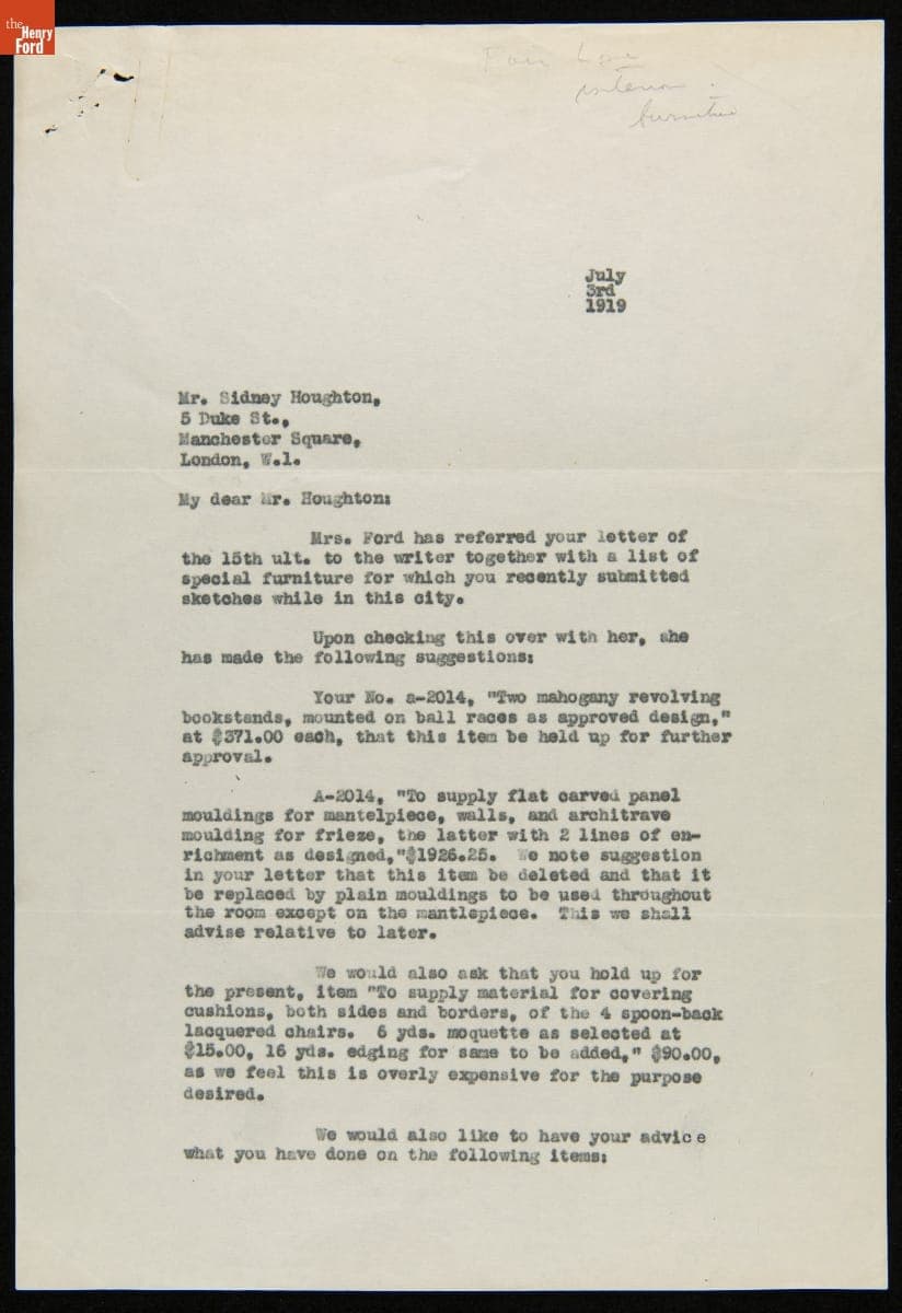 Letters from Frank Campsall to Sidney Houghton and W.C. Anderson regarding Choosing Furniture for Fair Lane, July 1919