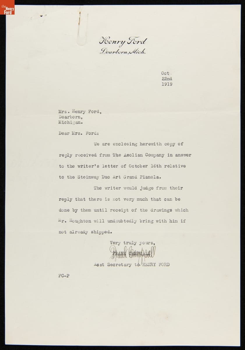 Letter from Frank Campsall to Clara Ford regarding a Steinway Duo Art Grand Pianola for Fair Lane, October 22, 1919