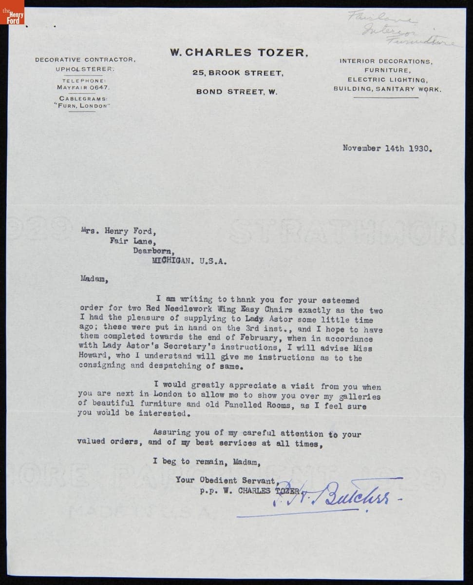 Letter from W. Charles Tozer to Clara Ford regarding her Order of Two Red Needlework Wing Easy Chairs for Fair Lane, November 14, 1930