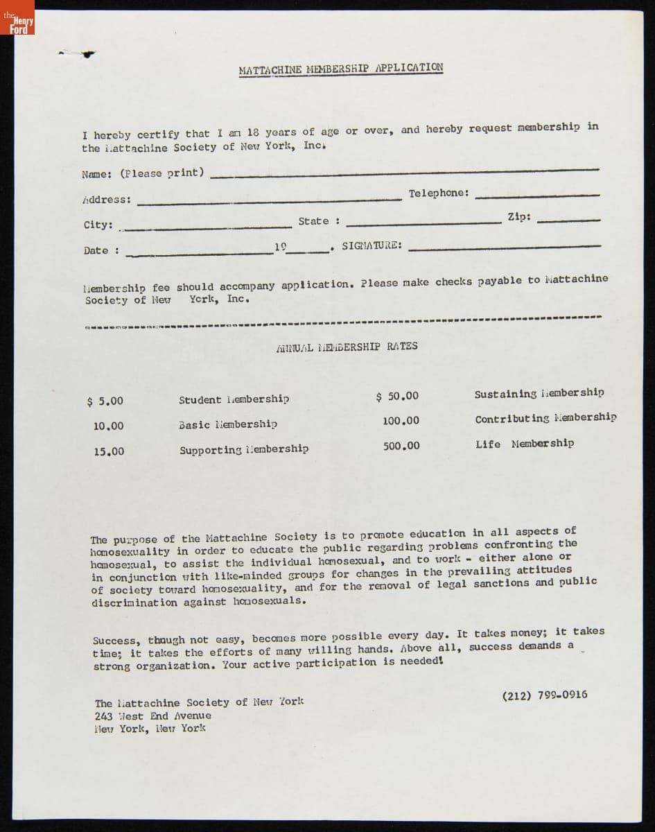 Mattachine Member Application, July-August 1969