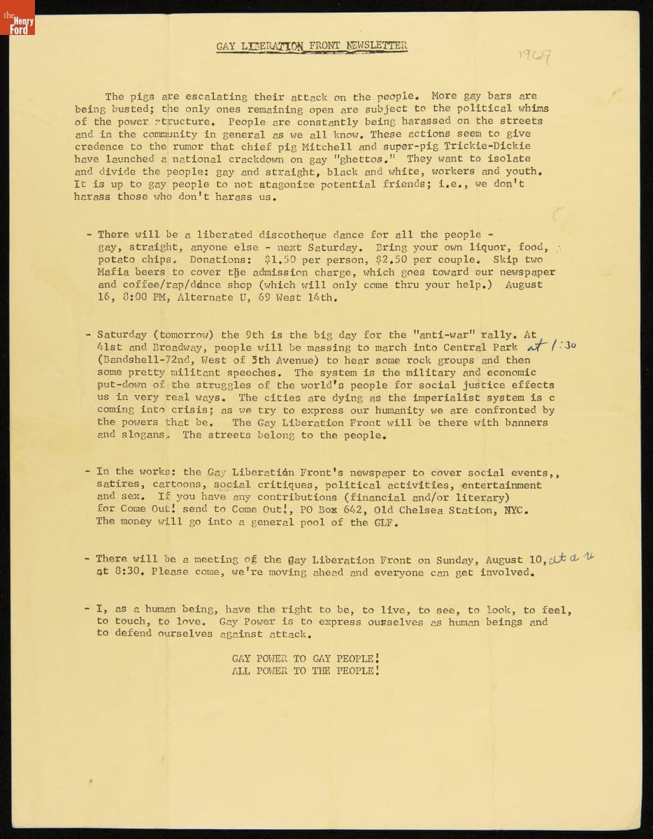 Gay Liberation Front Newsletter, July-August 1969