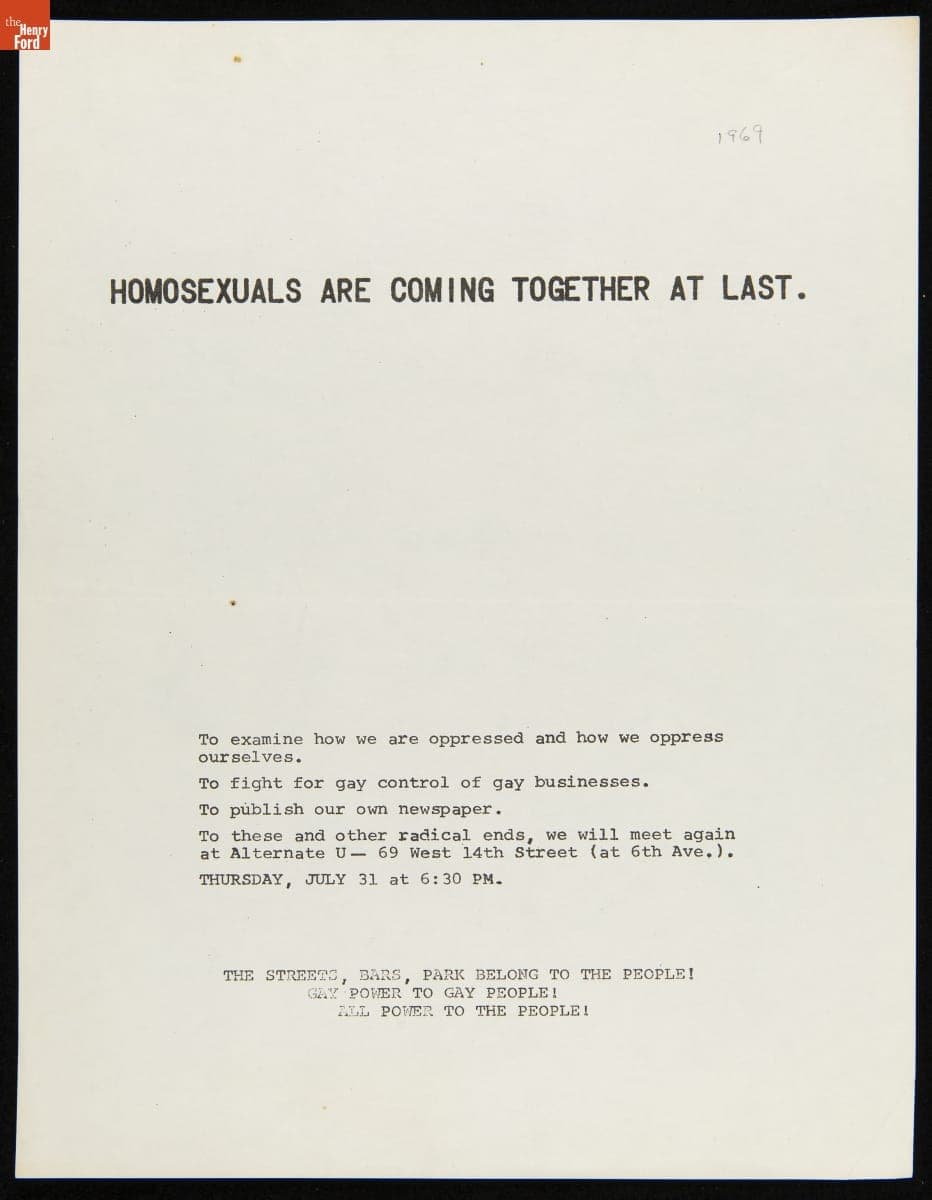 Flier, "Homosexuals are Coming Together At Last!," July 1969