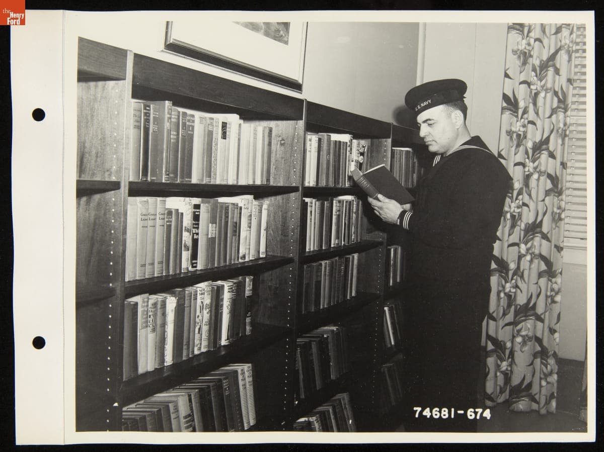 Sailor Reading a Book in the Library at the Navy Service School, Ford Rouge Plant, Dearborn, Michigan, 1941-1945