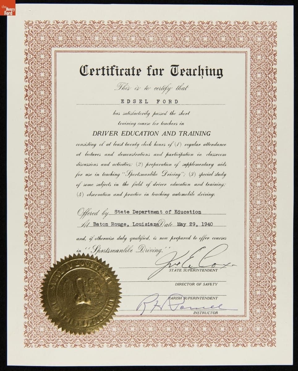 Edsel Ford's Certificate for Teaching Driver Education and Training, May 29, 1940
