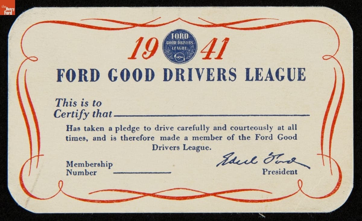 Ford Good Drivers League Membership Card, 1941