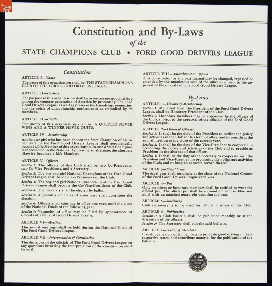 Constitution and By-Laws of the State Champions Club, Ford Good Drivers League, 1941-1942