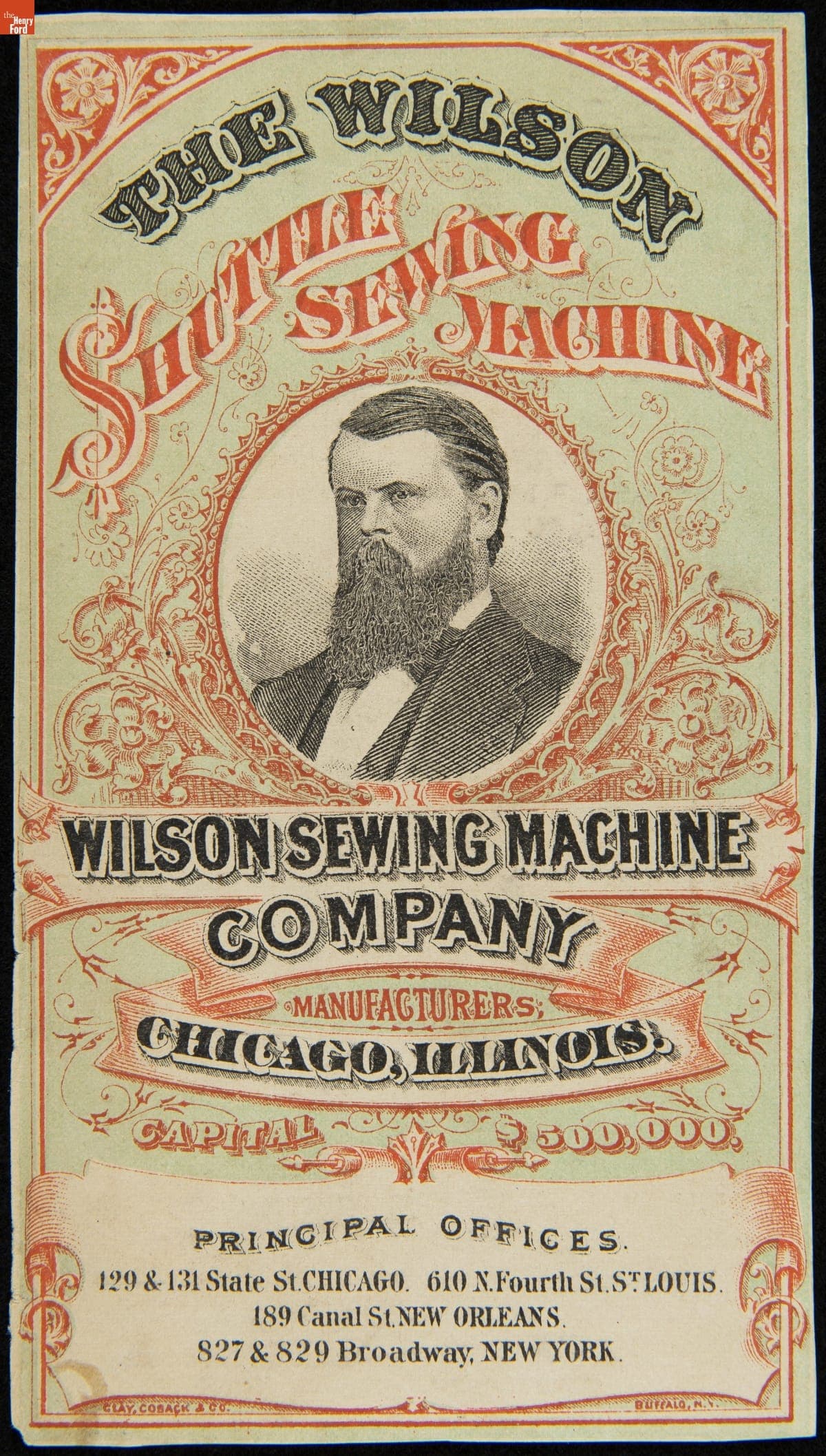 Trade Card for the Shuttle Sewing Machine, Wilson Sewing Machine Co., 1870-1877