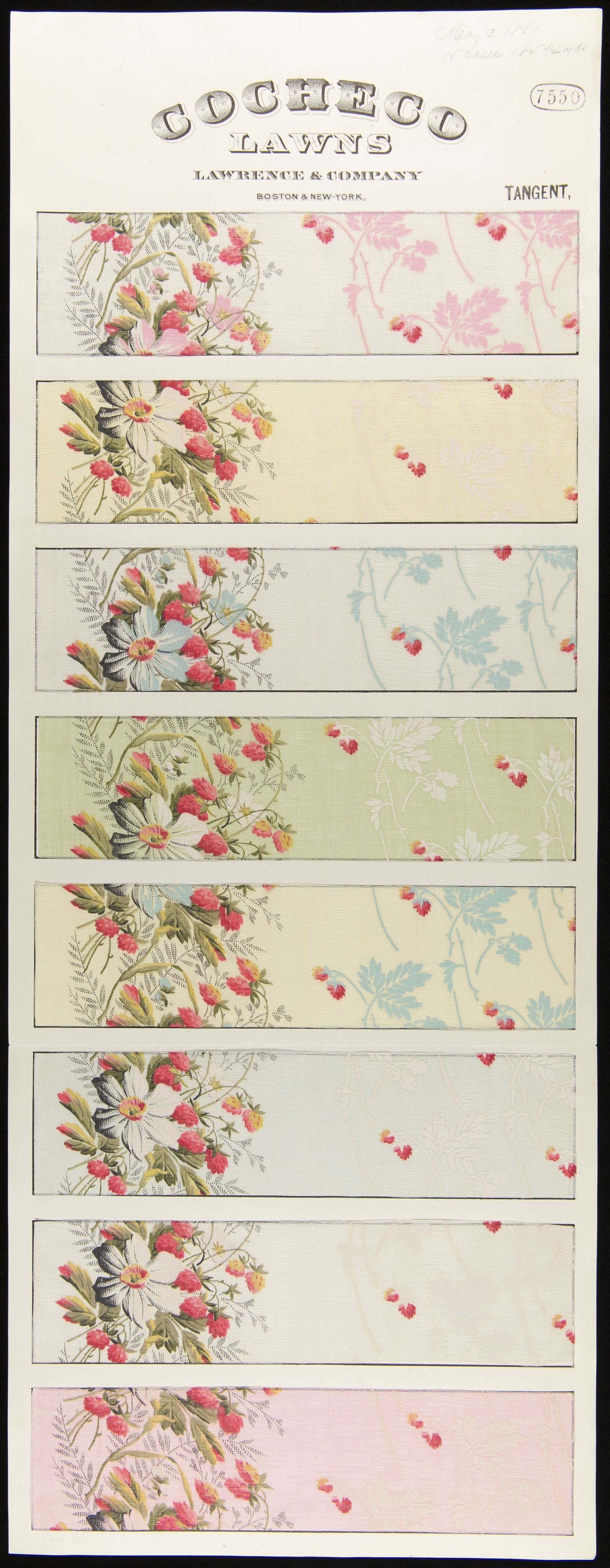 Sample Card for Textile Fabric Style No. 7550, "Tangent," Cocheco Mfg. Co., May 3, 1881