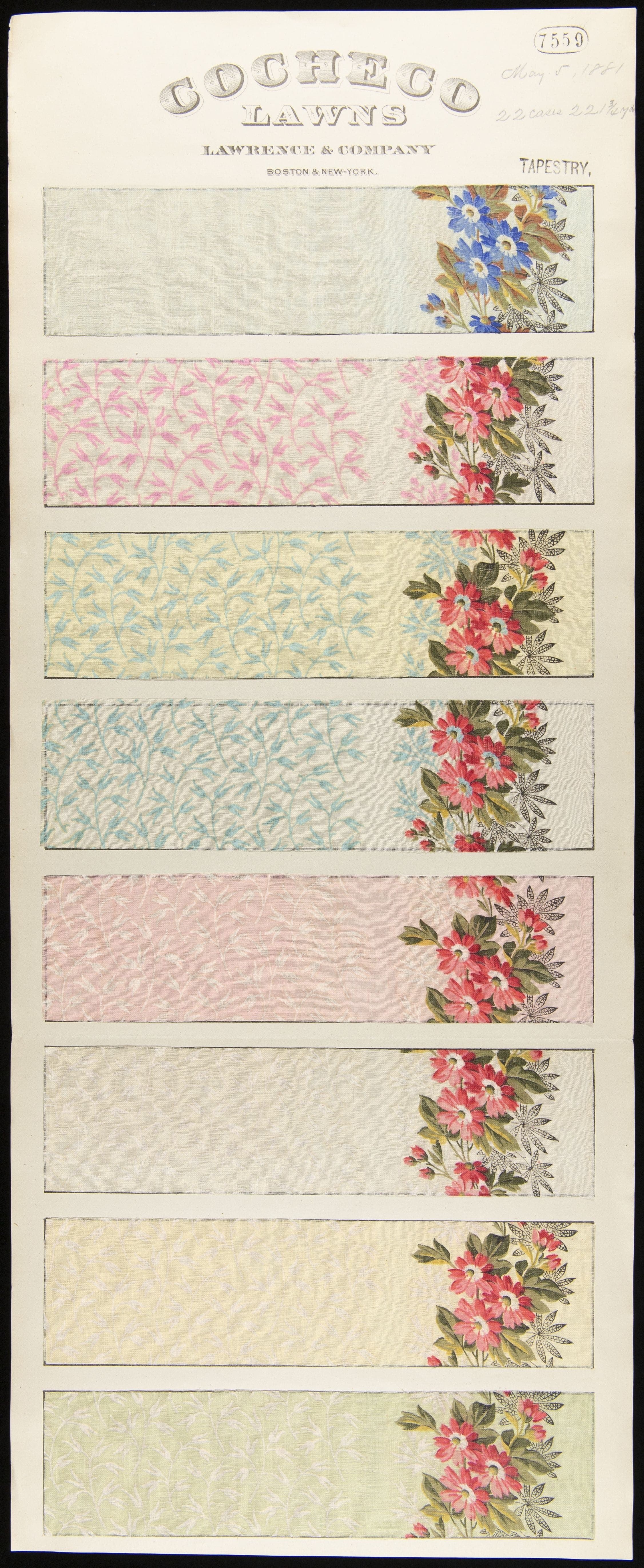 Sample Card for Textile Fabric Style No. 7559, "Tapestry," Cocheco Mfg. Co., May 5, 1881