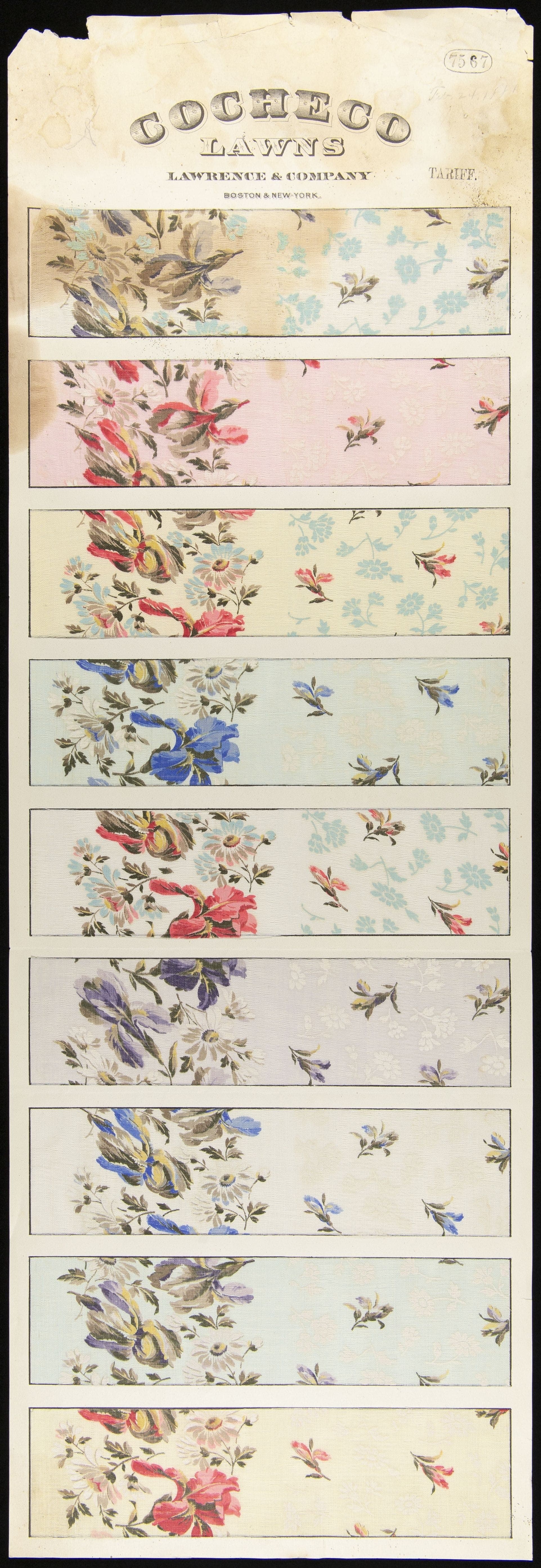 Sample Card for Textile Fabric Style No. 7567, "Tariff," Cocheco Mfg. Co., February 24, 1881