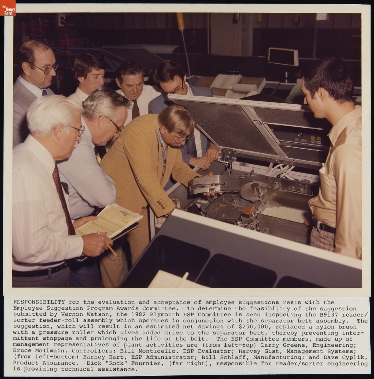 Burroughs Corporation Plymouth Employee Suggestion Program Committee Inspecting the B9137 Reader, 1982
