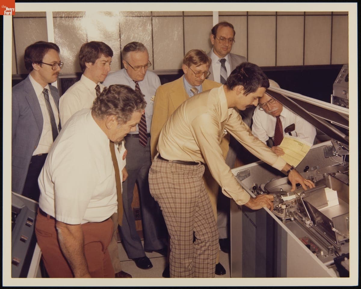 Burroughs Corporation Plymouth Employee Suggestion Program Committee Inspecting the B9137 Reader, 1982