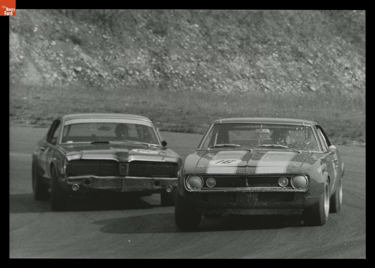 Chevrolet Camaro and Mercury Cougar in the Kent 300 Trans Am Race, October 1967