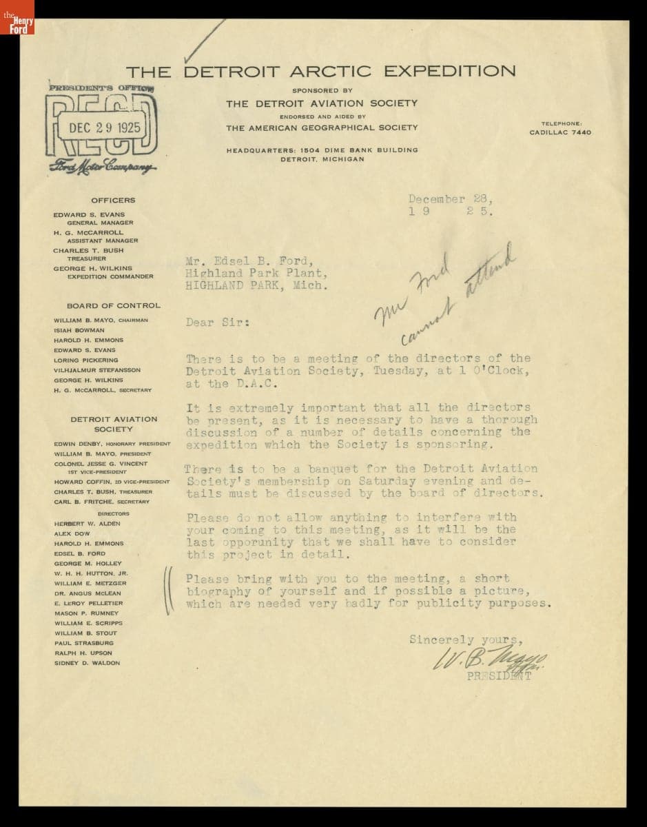 Letter to Edsel Ford from the Detroit Aviation Society regarding the Detroit Arctic Expedition, December 28, 1925