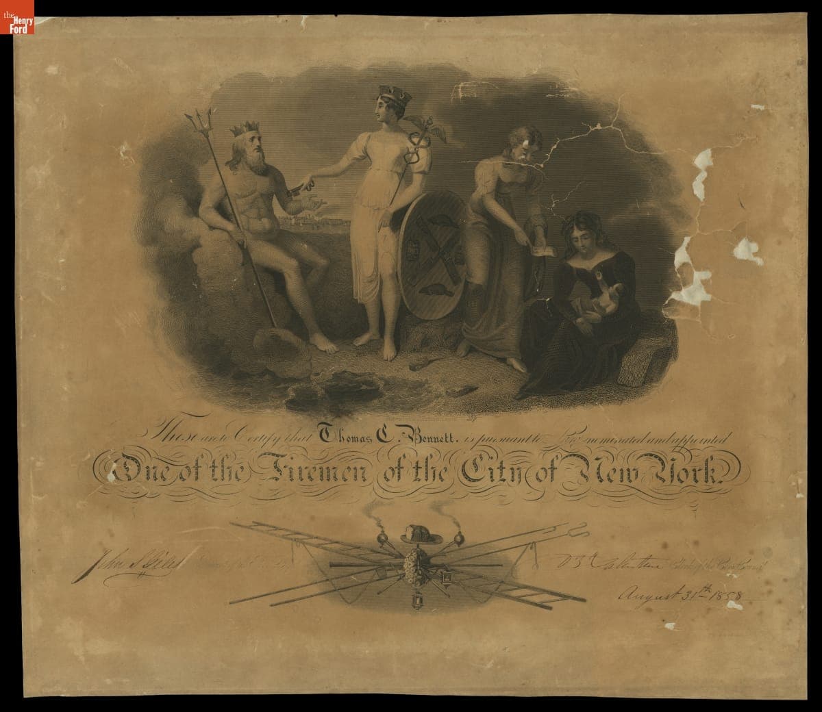 Certificate Appointing Thomas C. Bennett as a Fireman in the City of New York, August 31, 1858