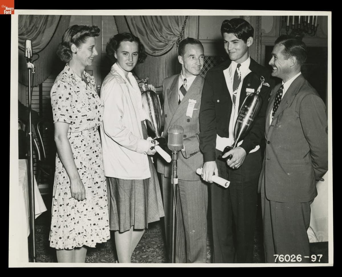 Edsel Ford with the Ford Good Drivers League Scholarship Winners, Patricia Borman and Kenneth R. Karr, August 1941