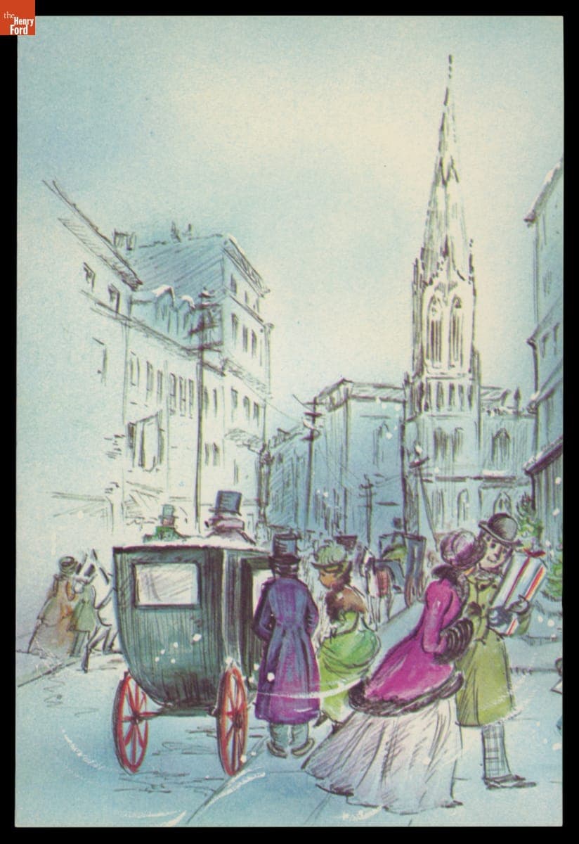 Christmas Card, Horse-Drawn Carriage and Shoppers in a City, 1955-1965