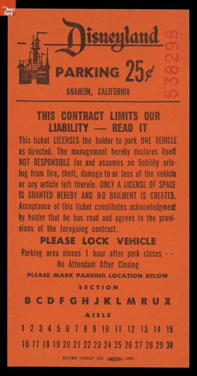 Ticket, "Disneyland Parking 25c," circa 1967