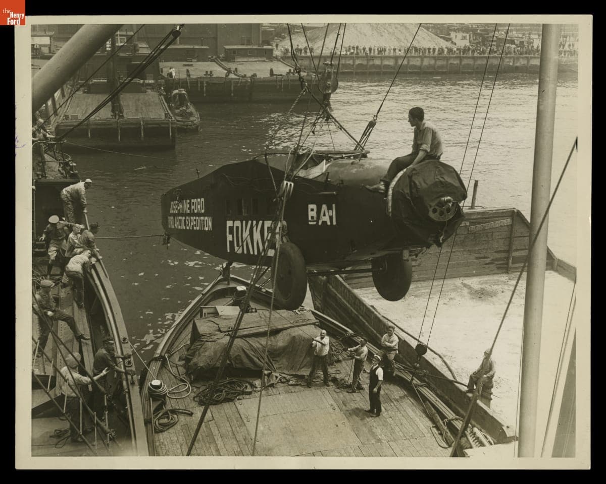 Richard E. Byrd's Fokker Airplane, "Josephine Ford," Hoisted from the Deck of a Ship, 1926