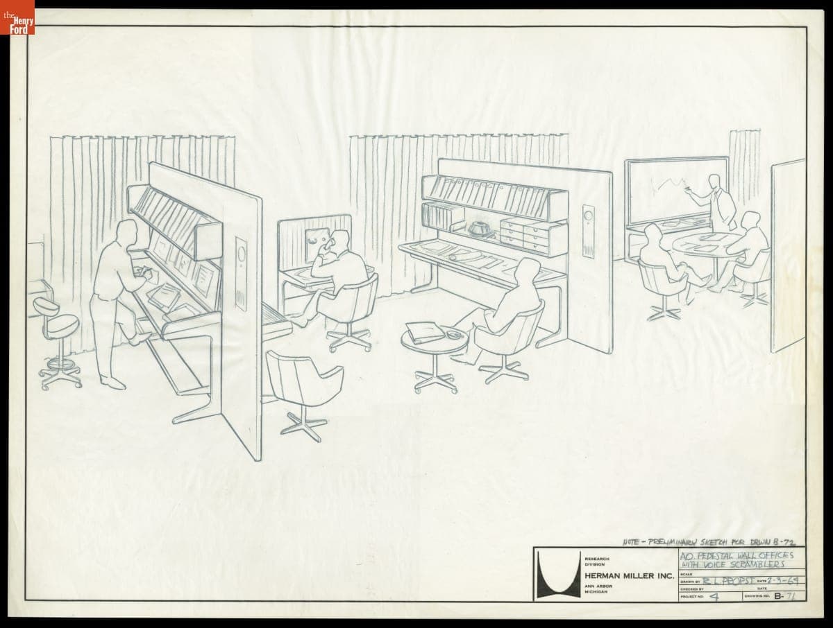 Herman Miller Action Office Concept Drawing, "Action Office Pedestal Wall Offices with Voice Scramblers," February 3, 1964
