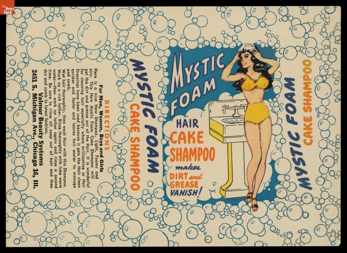 Product Label for Valmor Mystic Foam Cake Shampoo, 1926-1946
