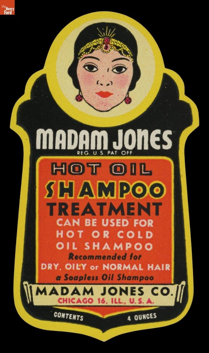 Product Lable for Madam Jones Hot Oil Shampoo Treatment, 1926-1946