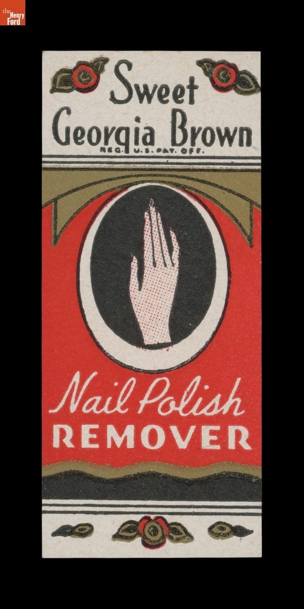 Product Label for Sweet Georgia Brown Nail Polish Remover, 1926-1946