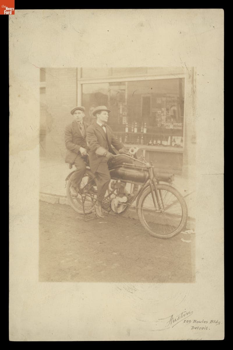 E.A. Walters and Eddie Schwenger on a Motorcycle, 1912