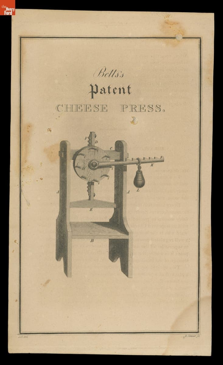 "Betts's Patent Cheese Press," from "The Port Folio, Volume 3" by Oliver Oldschool, circa 1810