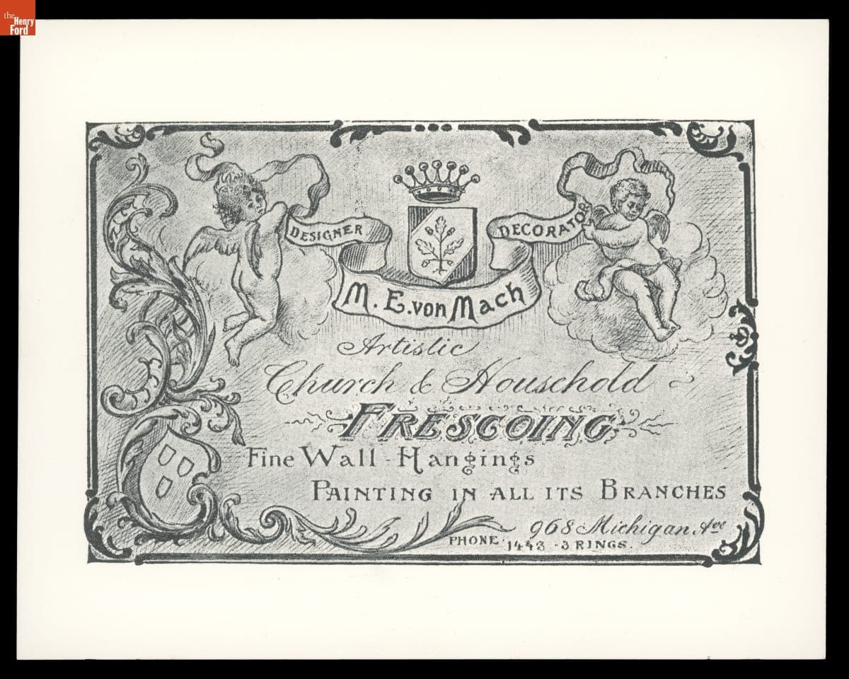 Printing Plate Image of Advertising Card for M.E. Von Mach, Designer and Decorator, Detoit, Michigan