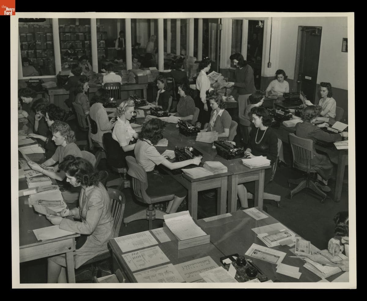 Employees in Ford Motor Company Rouge Plant Pay Office Handling and Mailing War Bonds, December 1943