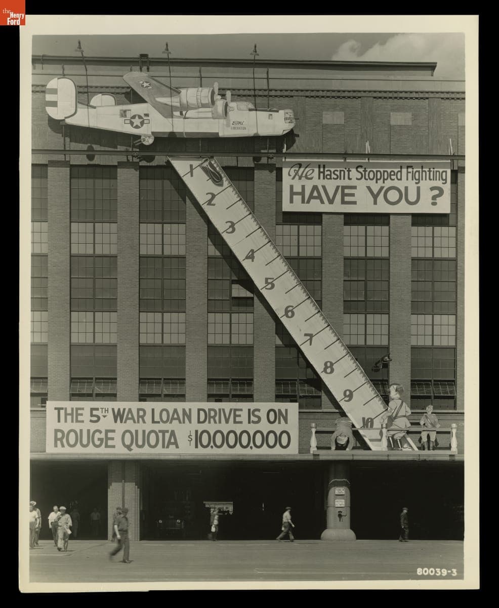 Sign for War Bond Drive outside the Press Shop at Ford Motor Company Rouge Plant, June 1944