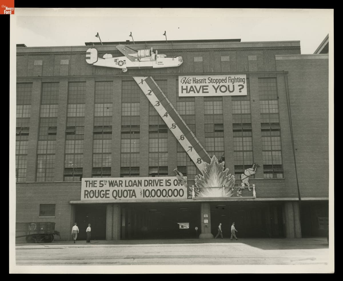 Sign for War Bond Drive outside the Press Shop at Ford Motor Company Rouge Plant, June 1944