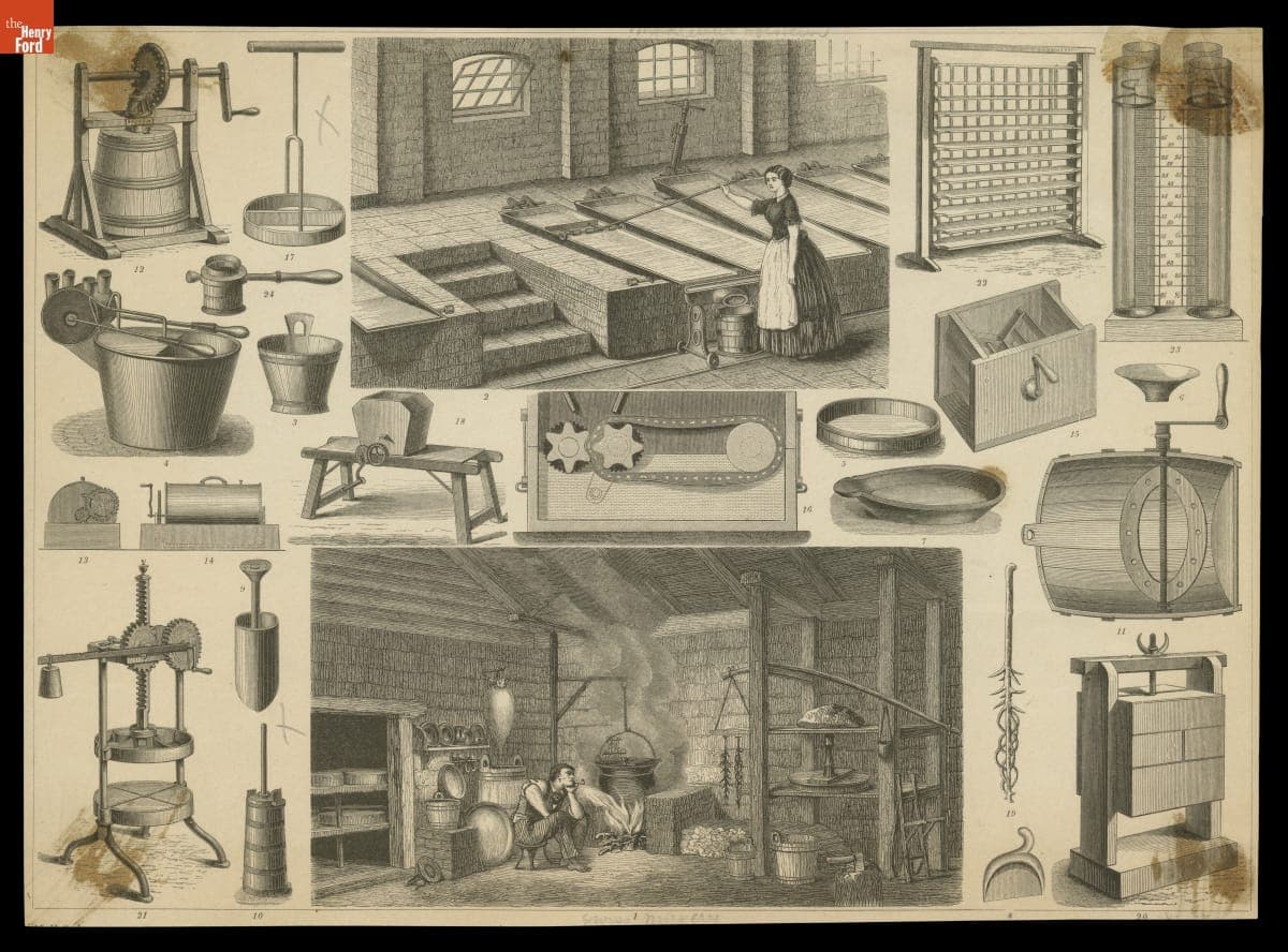 Engraving, "Tools and Equipment Used in a Swiss Milkery," circa 1845