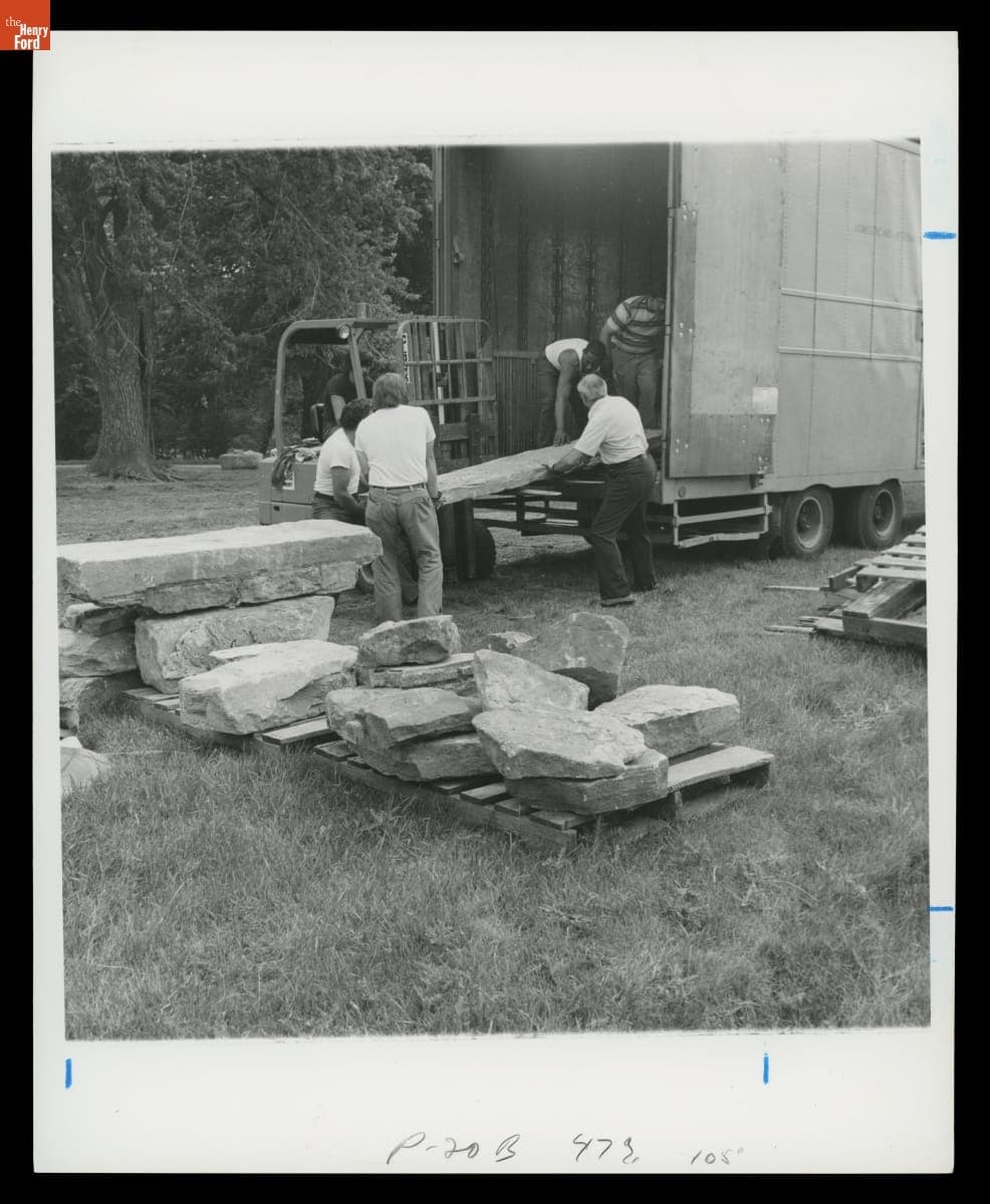 Unloading the Daggett Farmhouse Foundation at Construction Site in Greenfield Village, June 1977