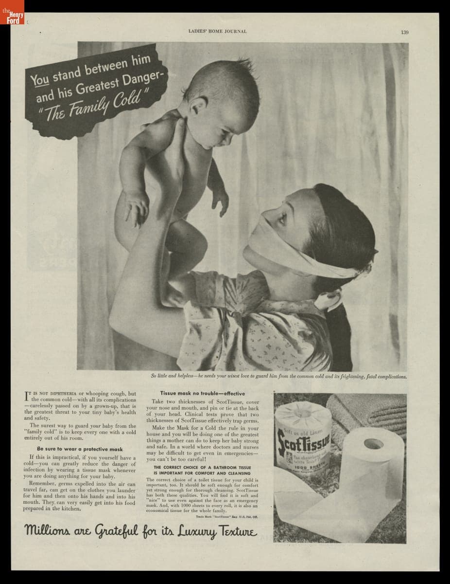 Advertisement for ScotTissue, "You stand between him and his Greatest Danger- 'The Family Cold,'" 1945