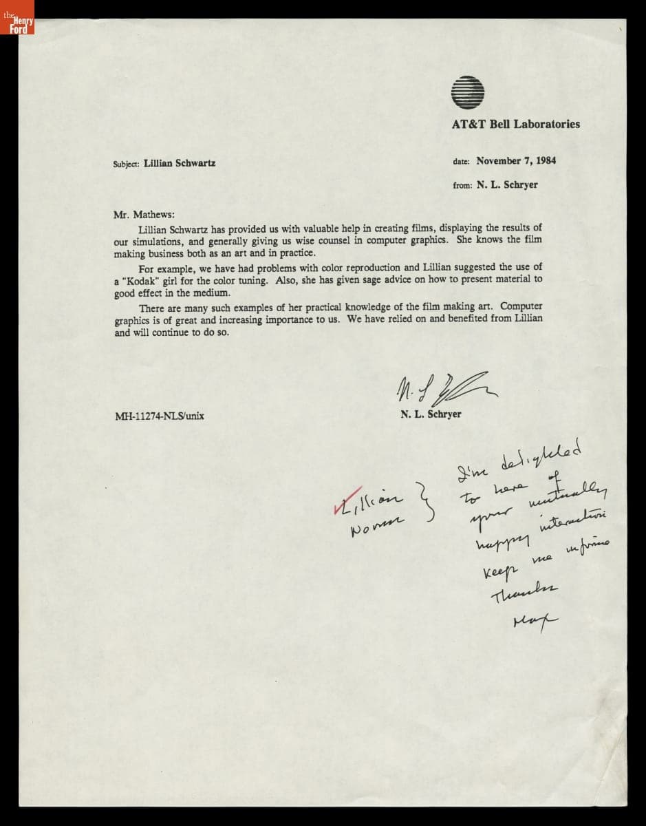 Bell Laboratories Memo Complimenting Lillian Schwartz for Her Work Consulting on Computer Graphics, 1984