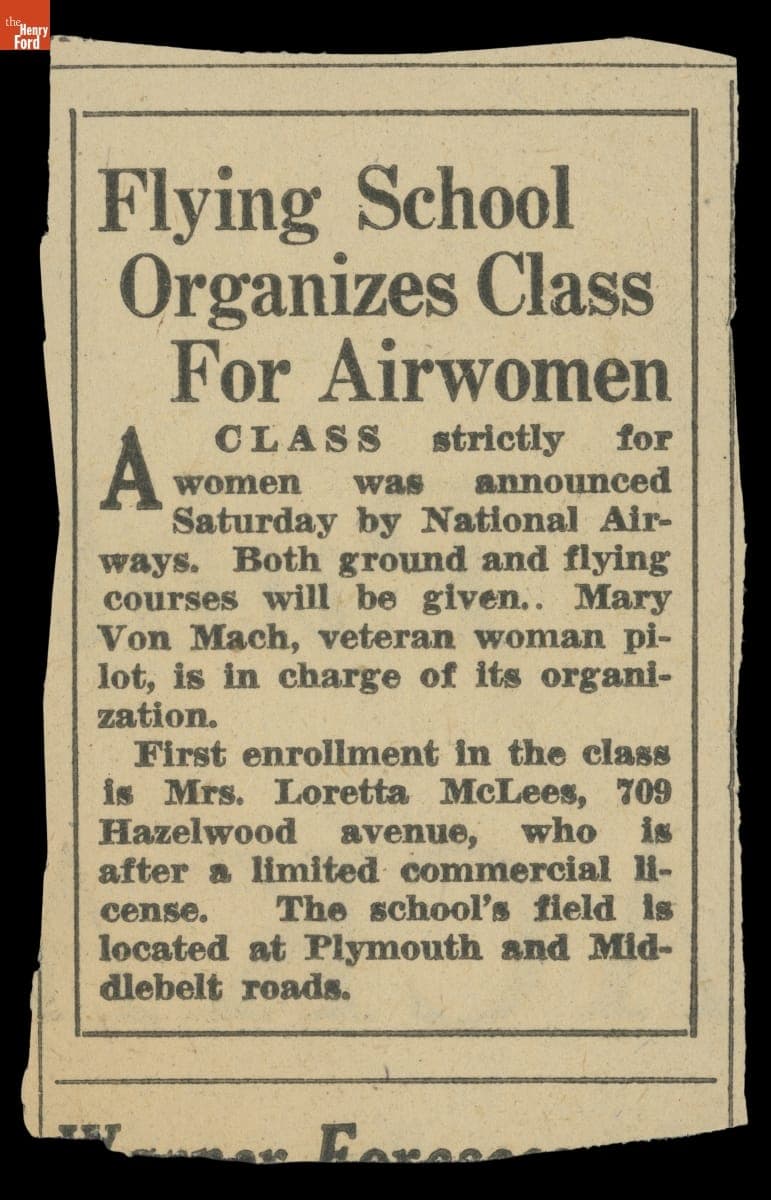 Article, "Flying School Organizes Class For Airwomen," 1930-1940