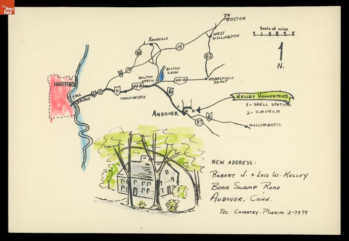Map and Directions to the Kelley Homestead, Andover, Connecticut, 1953